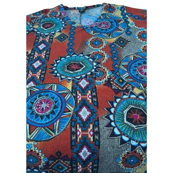 WIN WIN LONG SLV V-NECK FLARE BOTTOM TUNIC, WOMENS, L-XL, MULTICOLORS, ABSTRACT - Picture 3 of 12